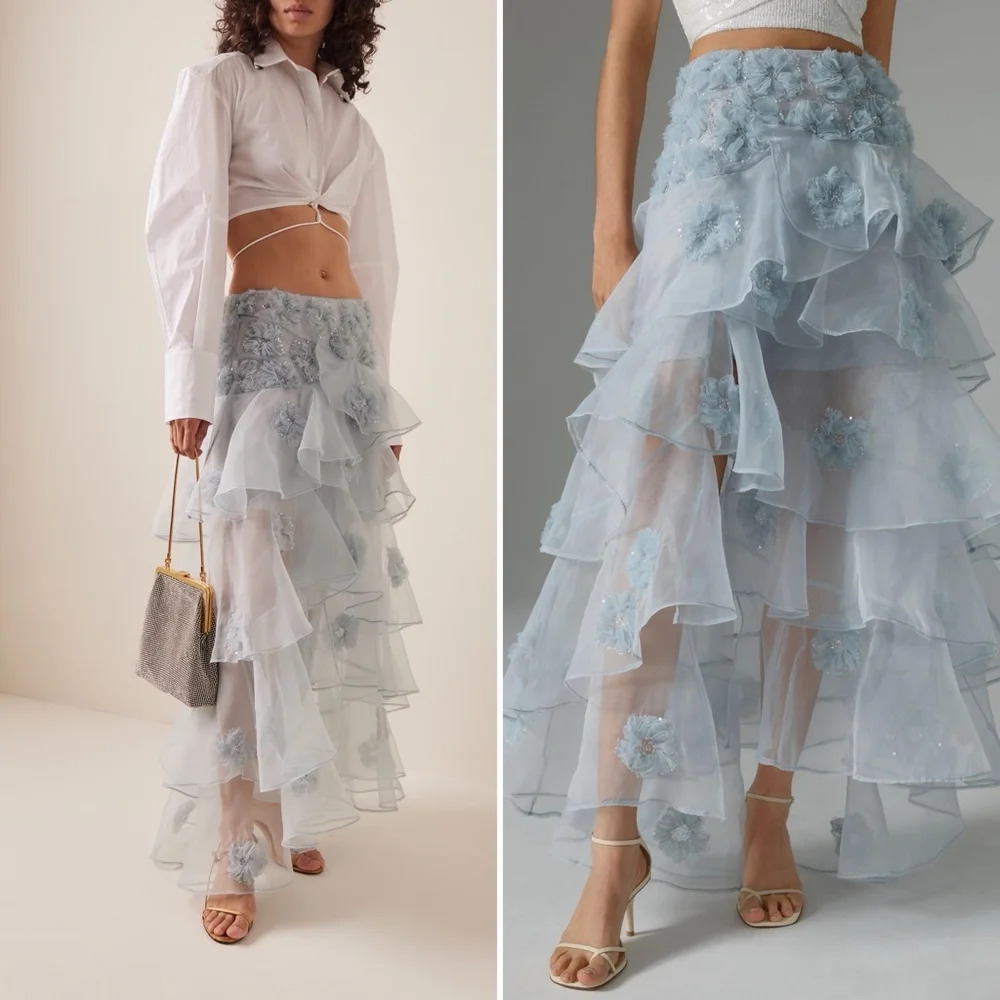 LoveShackFancy Grover Floral-Appliqué Tiered Organza Ruffled Maxi Skirt